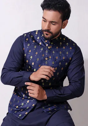 Classic Satin Jamawar Navy Traditional Waistcoat