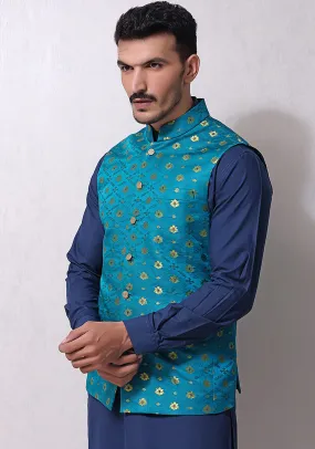 Classic Satin Jamawar Quetzal Green Traditional Waistcoat