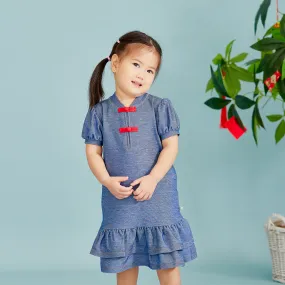 CNY Modern Blessings Toddler Girl Polo Puff Sleeve Dress (Blue)