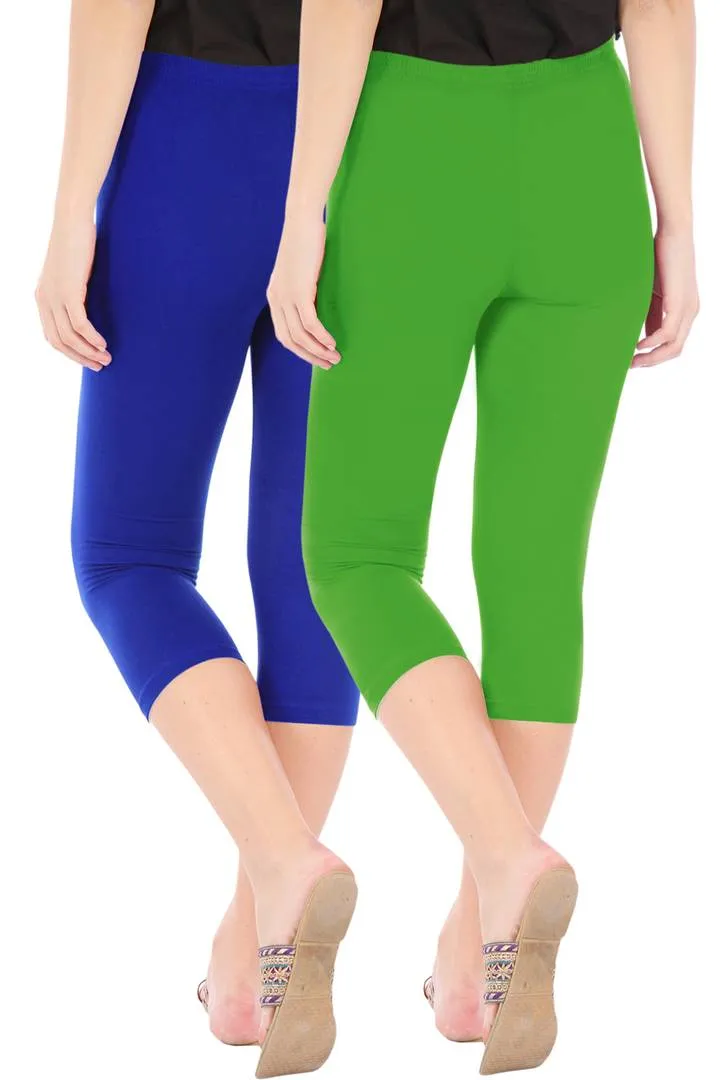 Combo Pack Of 2 Skinny Fit 3/4 Capris Leggings For Women Royal Blue Parrot Green