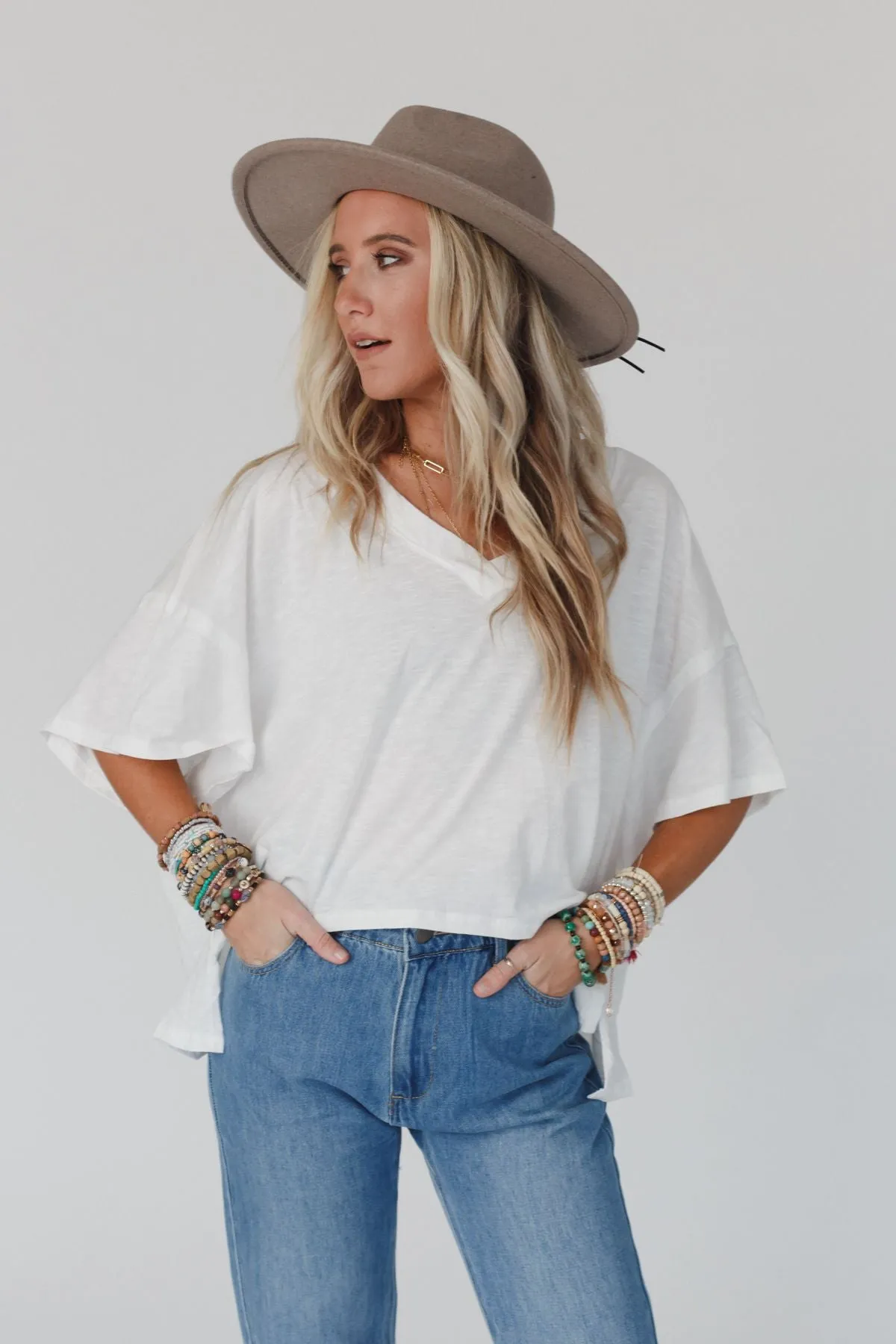 Cozy Oversized Slub V Neck Top - White