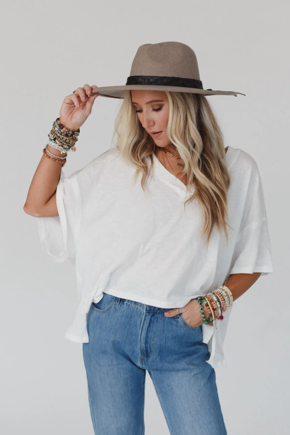 Cozy Oversized Slub V Neck Top - White