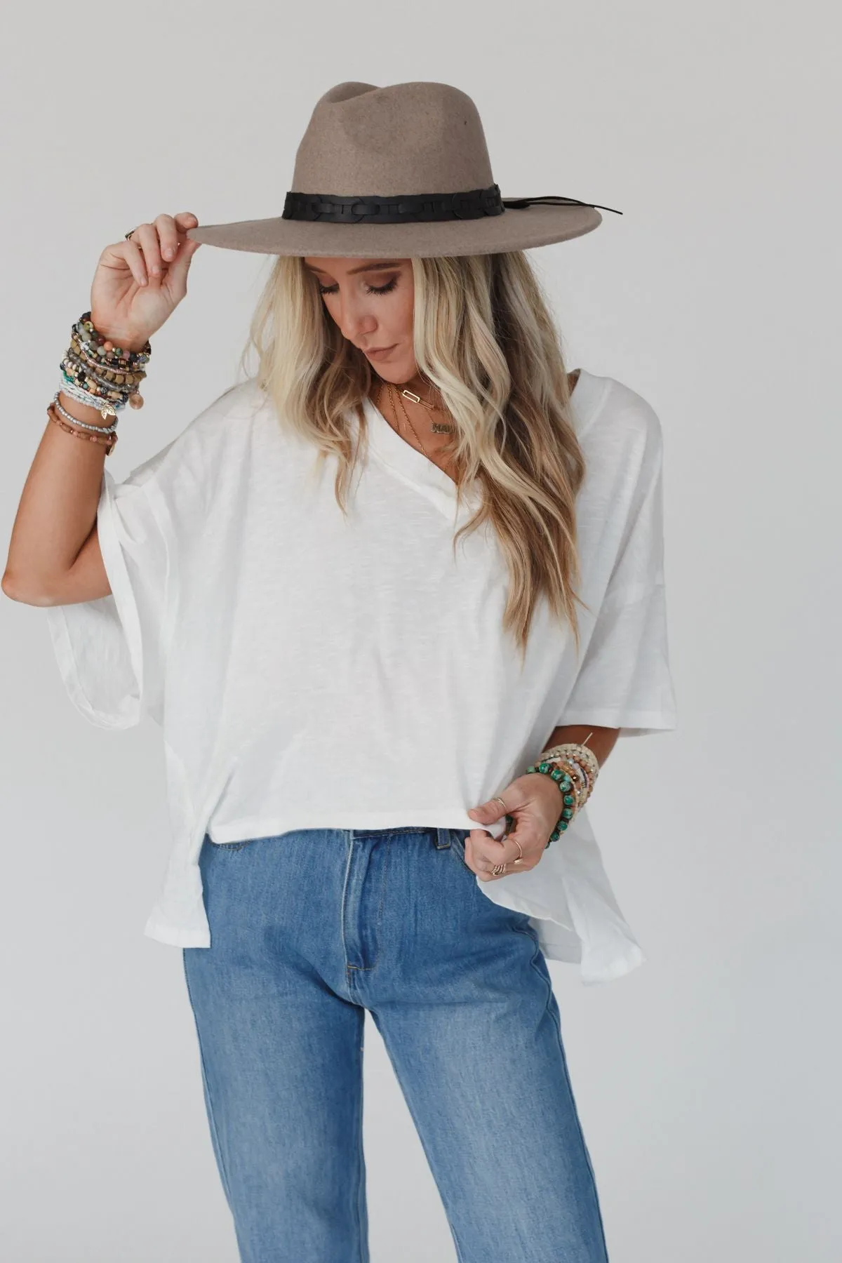 Cozy Oversized Slub V Neck Top - White