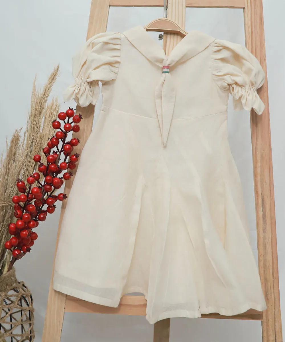 Cream handwoven cotton embroidry puff sleeve dess