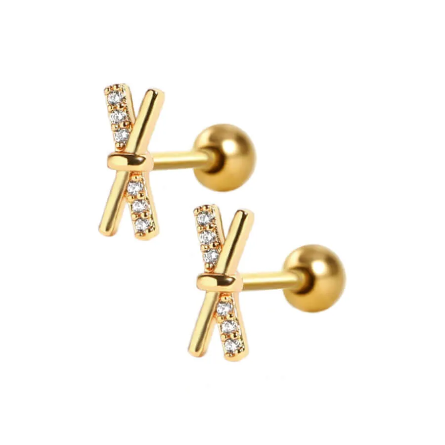 Crystal Cross Piercing Barbell Ball Back Earrings Sleeper Earrings