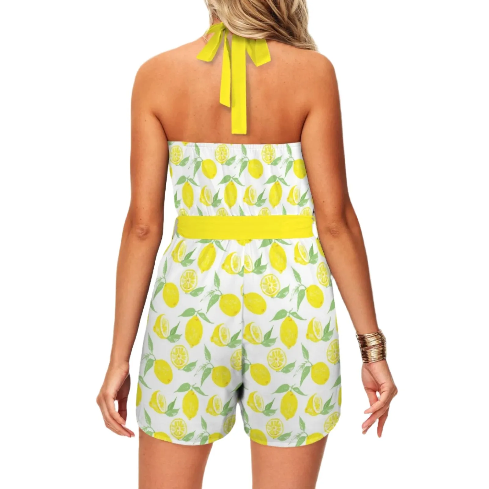 Cute Yellow Lemon Print Romper, Lemon Yellow Halter Romper, one-piece shorts romper