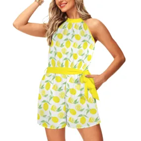 Cute Yellow Lemon Print Romper, Lemon Yellow Halter Romper, one-piece shorts romper