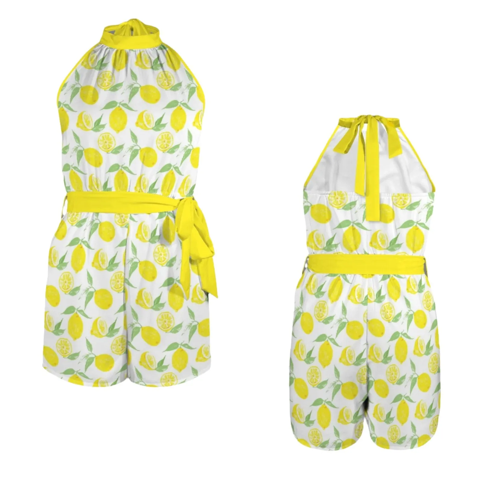 Cute Yellow Lemon Print Romper, Lemon Yellow Halter Romper, one-piece shorts romper