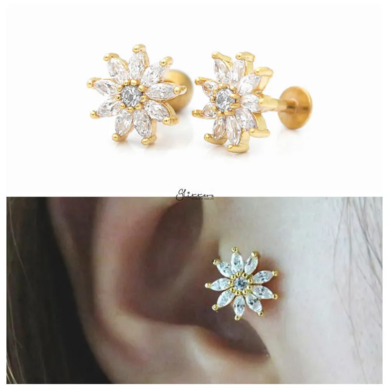 C.Z Pave Flower Cartilage Tragus Piercing Earring - Gold