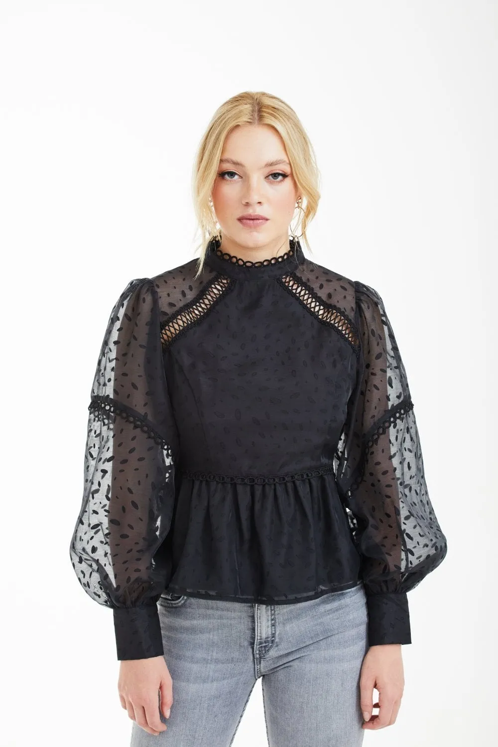 Double Second Black Polka Dot Organza Puff Sleeve Top