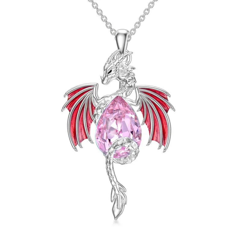 Dragon Necklace for Men Sterling Silver Birthstone Wyvern Necklace Embllished with Teardrop Shaped Crystal Jewelry Gift for Women Girl