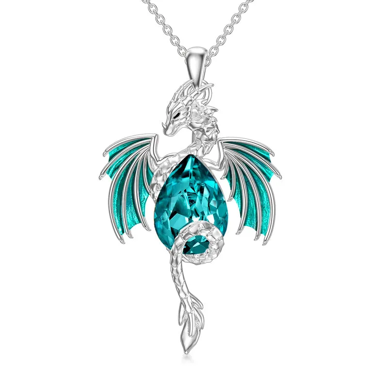 Dragon Necklace for Men Sterling Silver Birthstone Wyvern Necklace Embllished with Teardrop Shaped Crystal Jewelry Gift for Women Girl