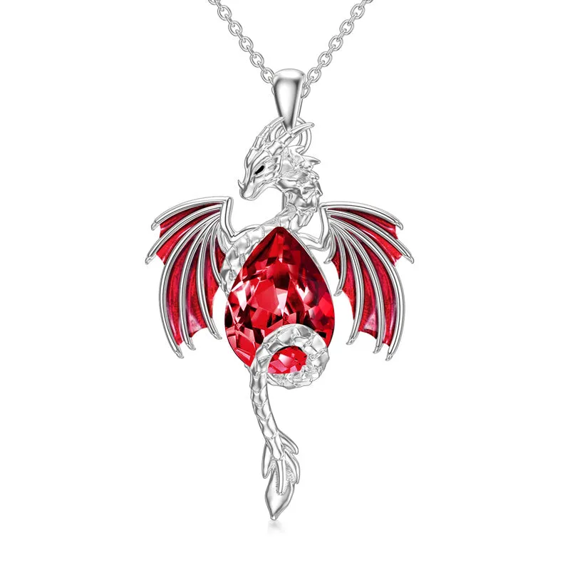 Dragon Necklace for Men Sterling Silver Birthstone Wyvern Necklace Embllished with Teardrop Shaped Crystal Jewelry Gift for Women Girl