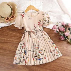 Dress Girl's Baby Bubble Sleeve Printed Round Neck Dress