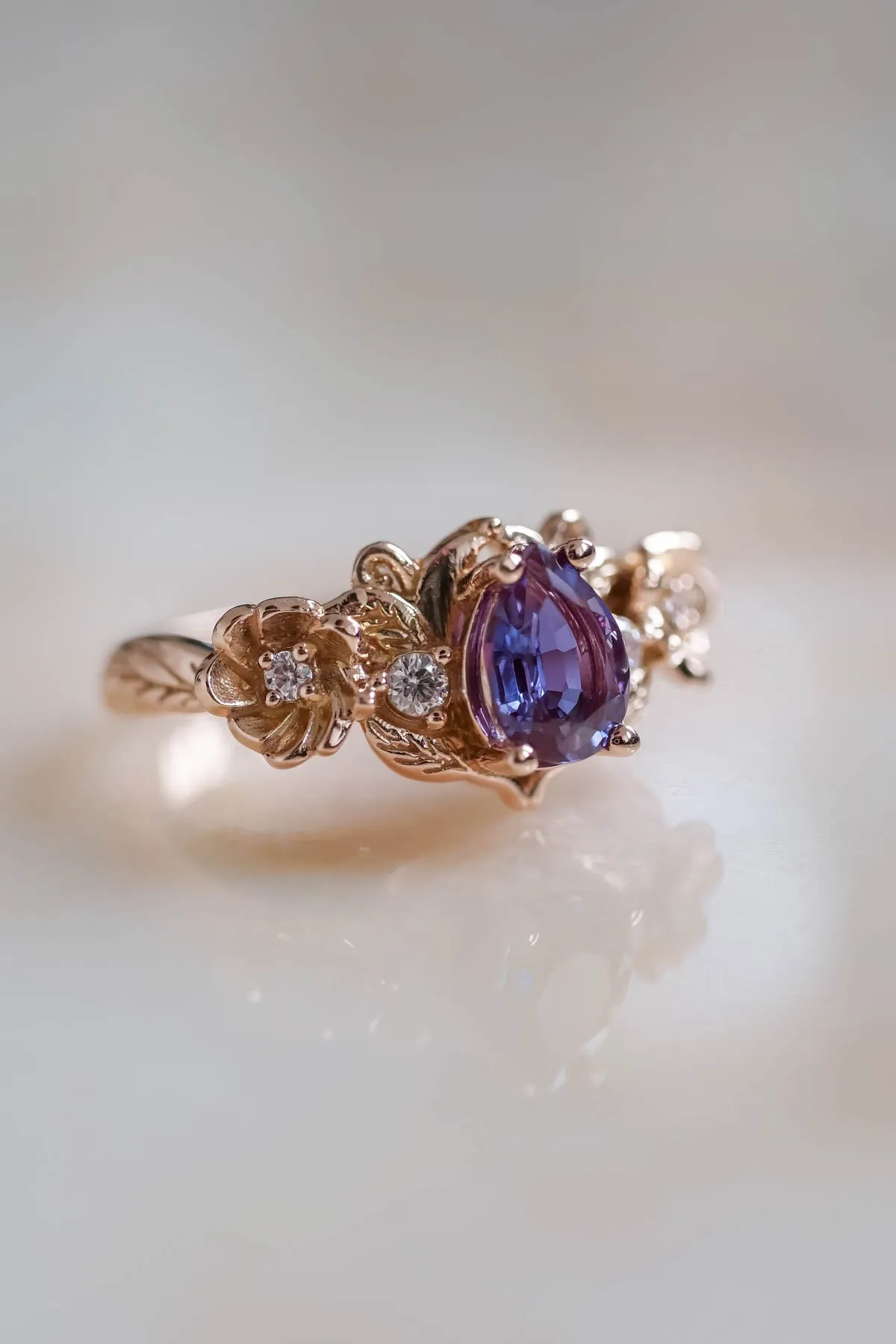 Engagement ring with pear cut alexandrite in rose gold / Adelina