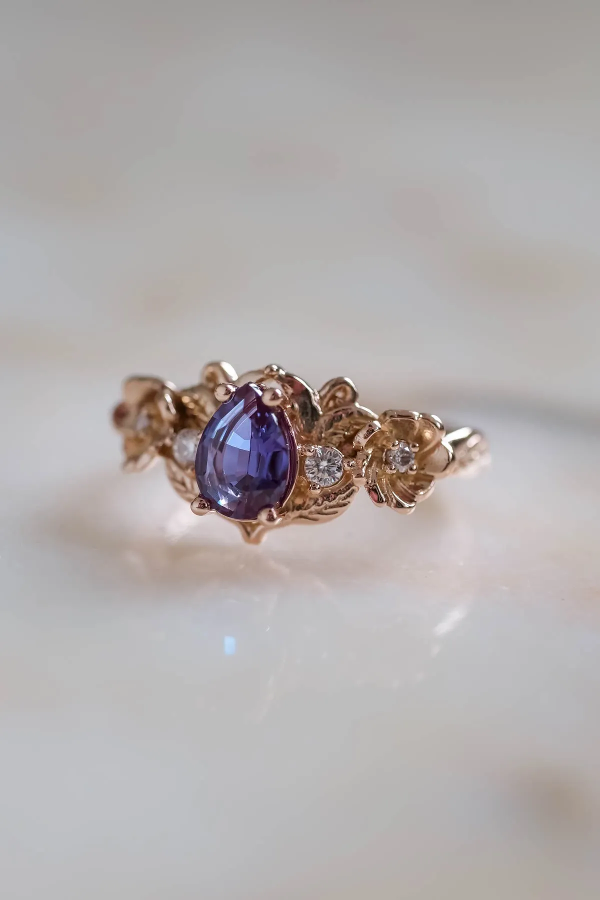 Engagement ring with pear cut alexandrite in rose gold / Adelina