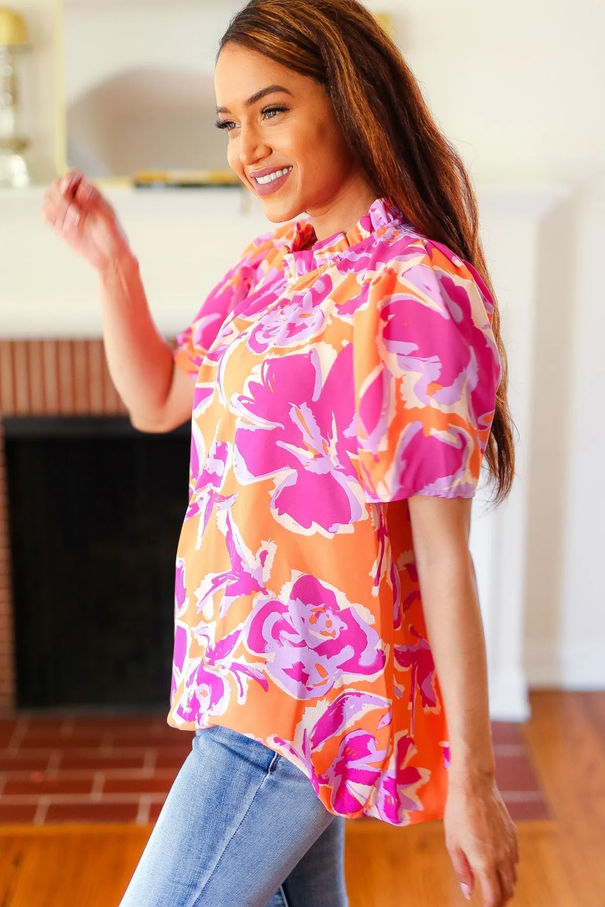 Feel Your Best Fuchsia Orange Floral Print Frill Mock Neck Top (Shipping in 1-2 Weeks)