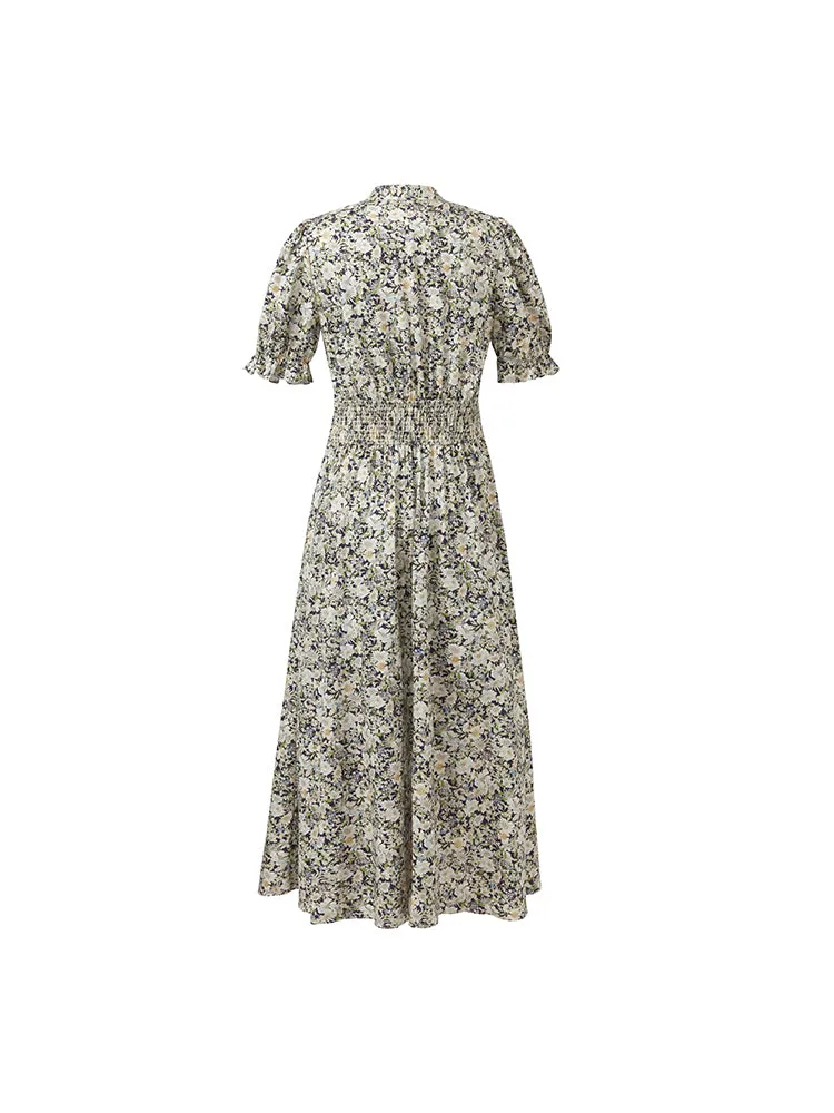 Floral Printed V-Neck Puff Sleeves Women Midi Dress