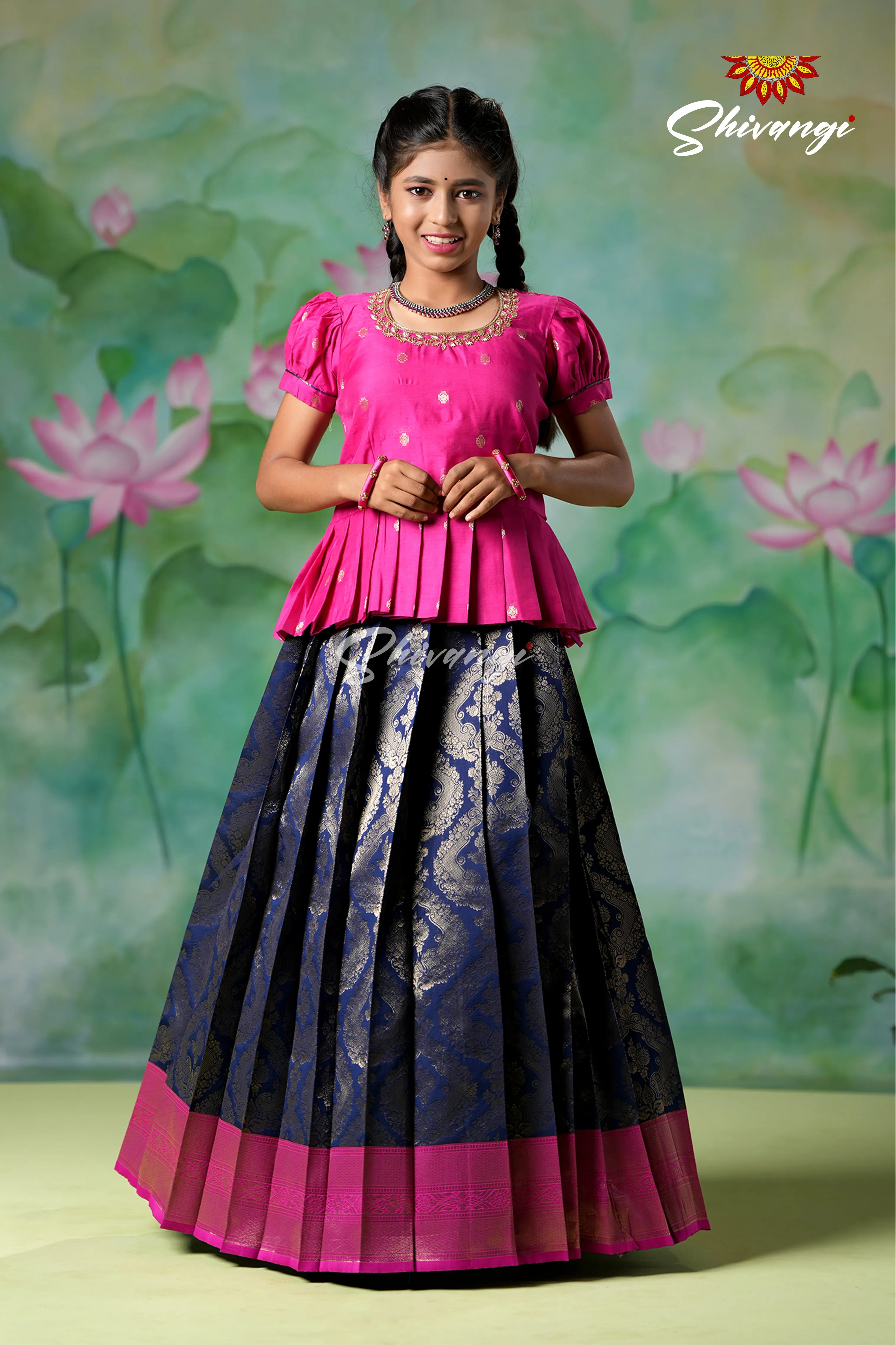 Girls Navy Blue Golden Cocoon EMB Pavadai Sattai Designs