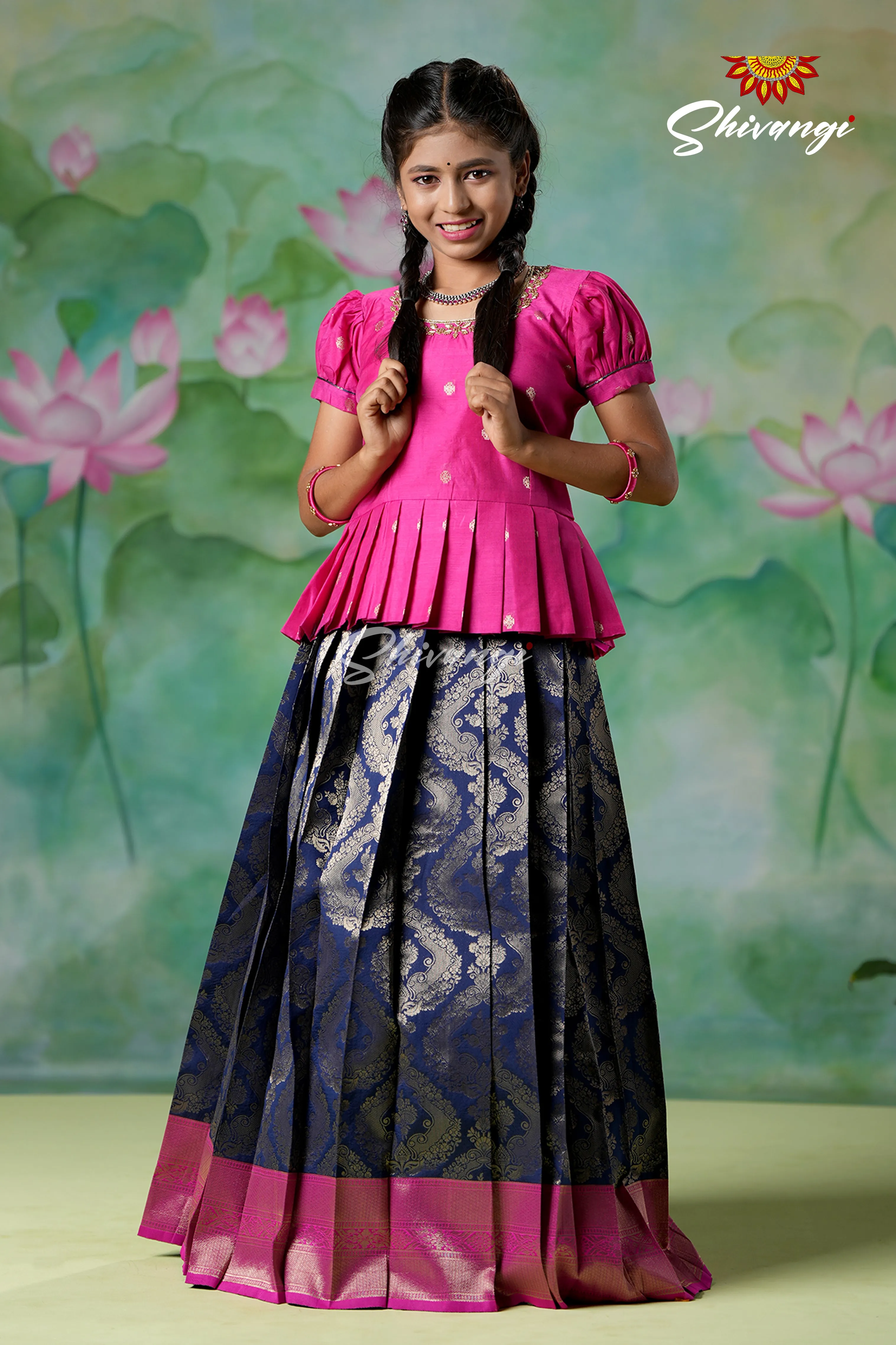 Girls Navy Blue Golden Cocoon EMB Pavadai Sattai Designs