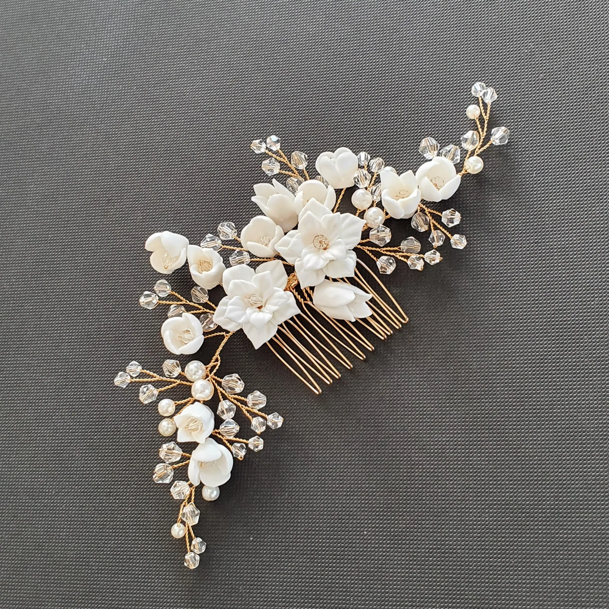 Gold Bridal Hair Comb with White Porcelain Flower & Crystal Beads-Tulip