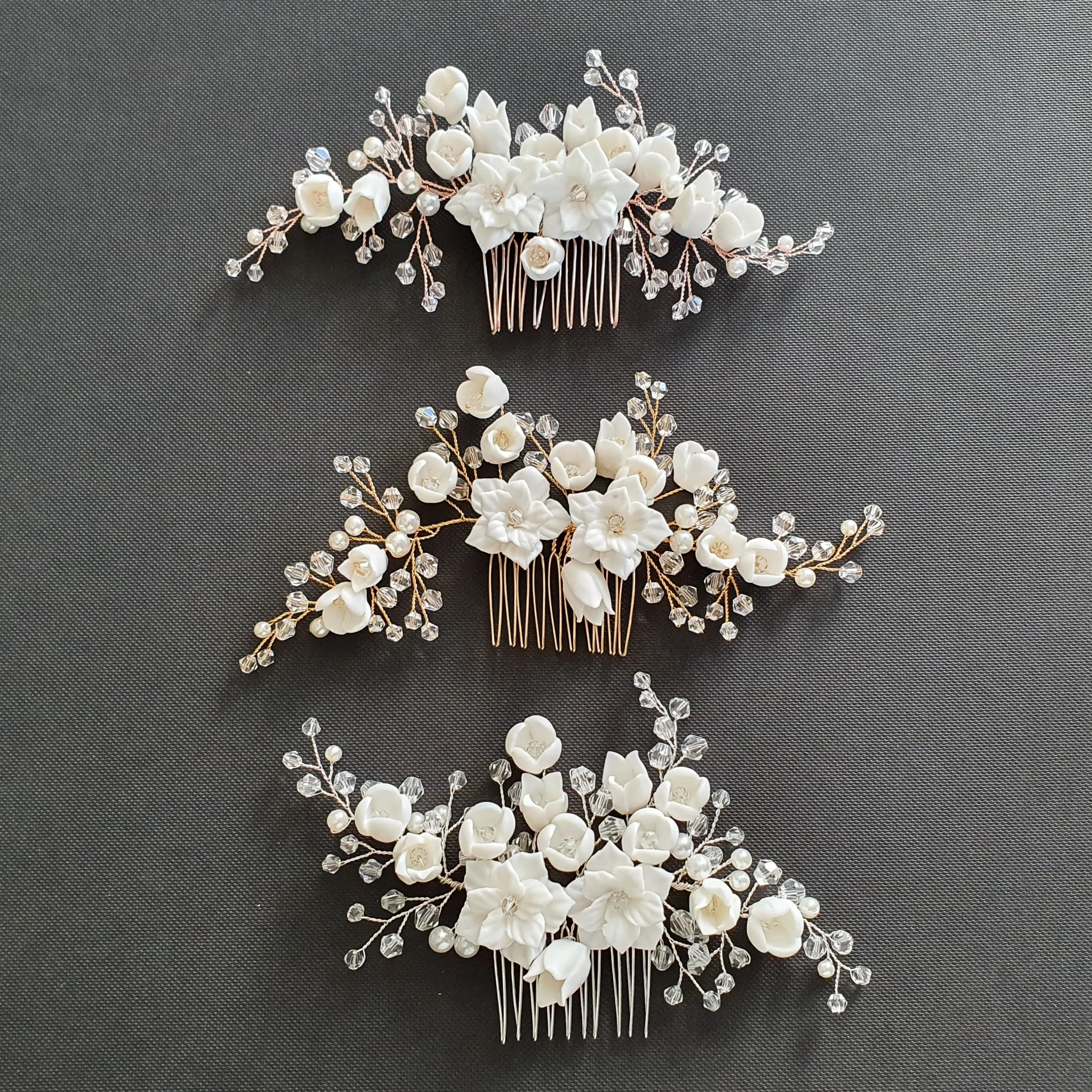 Gold Bridal Hair Comb with White Porcelain Flower & Crystal Beads-Tulip