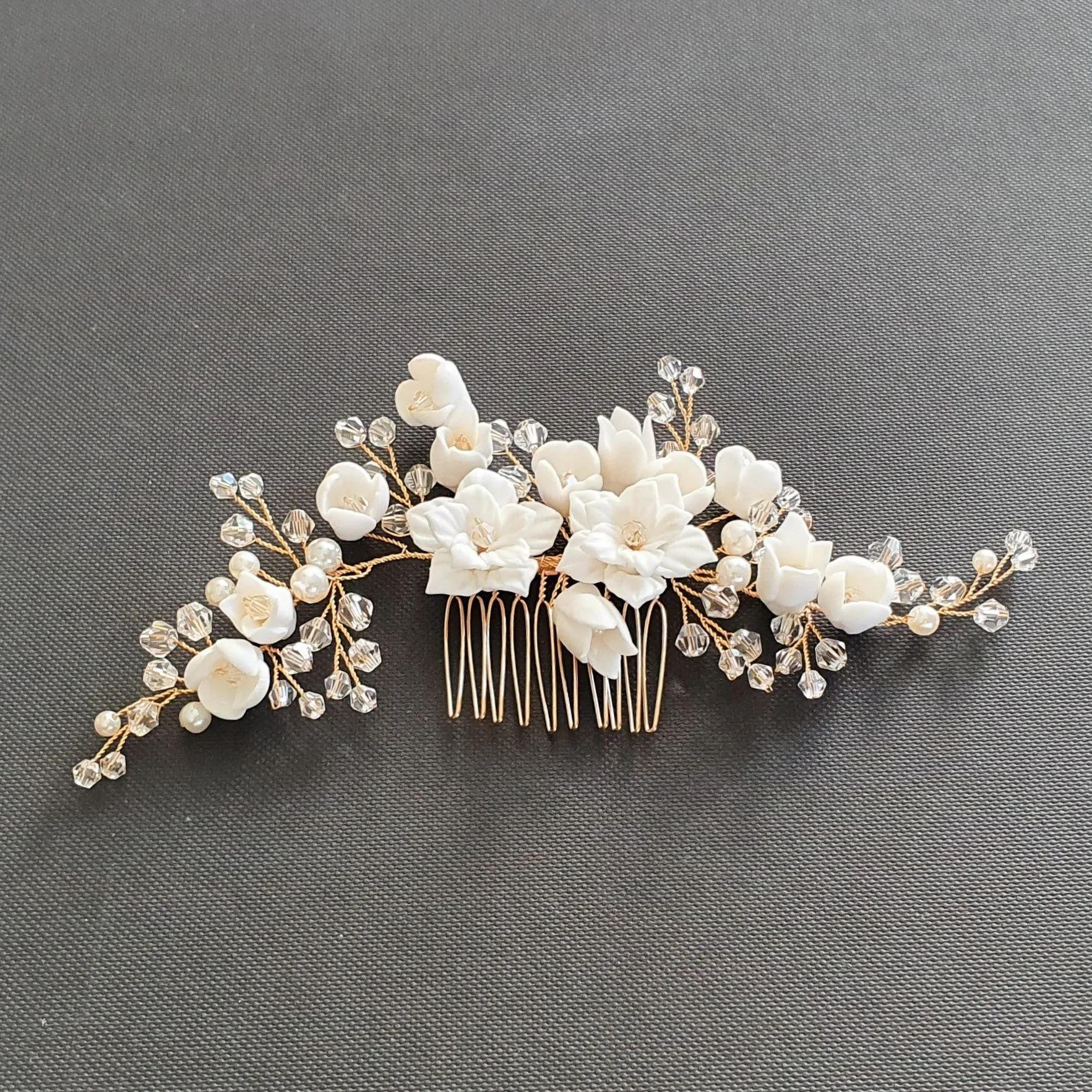 Gold Bridal Hair Comb with White Porcelain Flower & Crystal Beads-Tulip