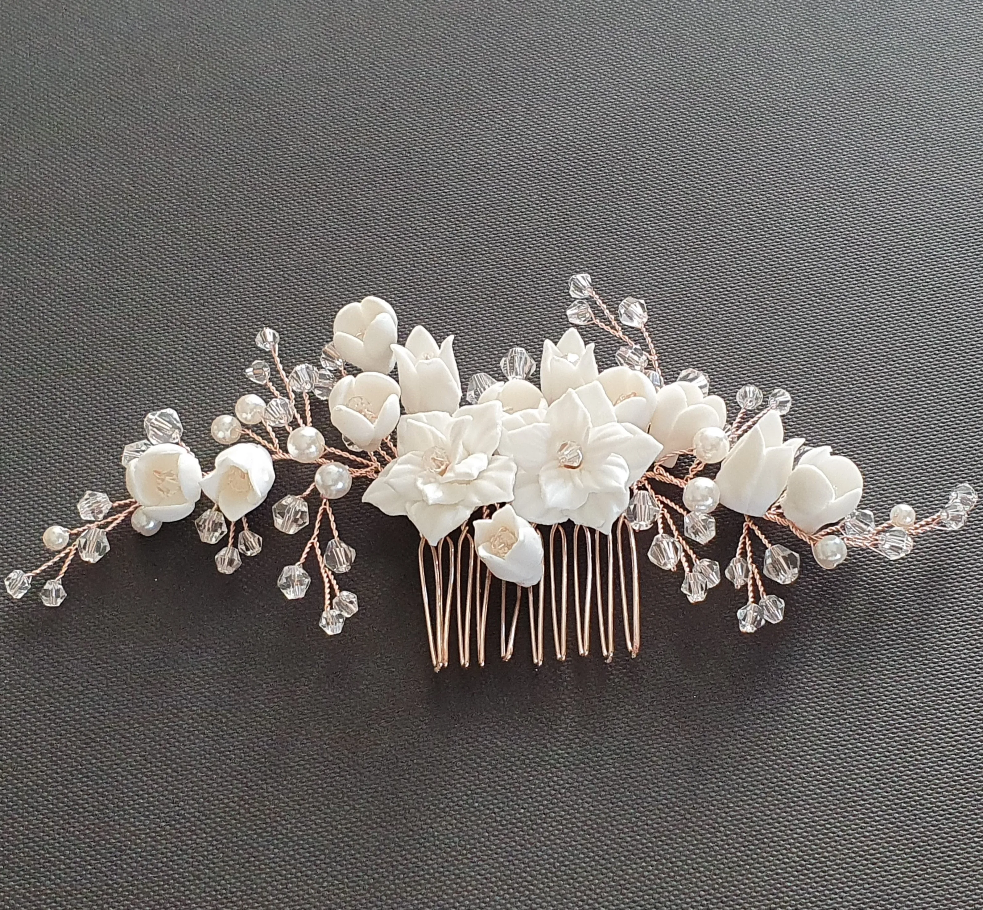 Gold Bridal Hair Comb with White Porcelain Flower & Crystal Beads-Tulip