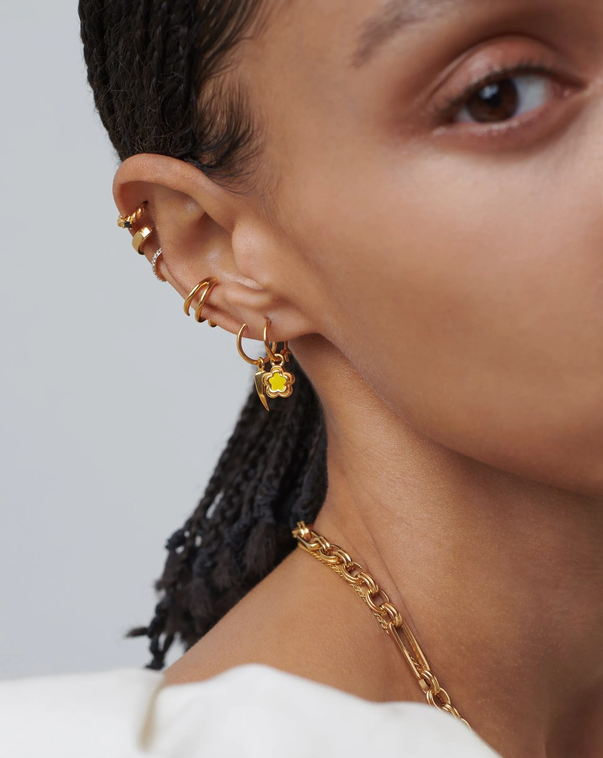 Good Vibes Enamel Flower Mini Charm Hoop Earrings | 18ct Gold Plated Vermeil/Lemon Yellow