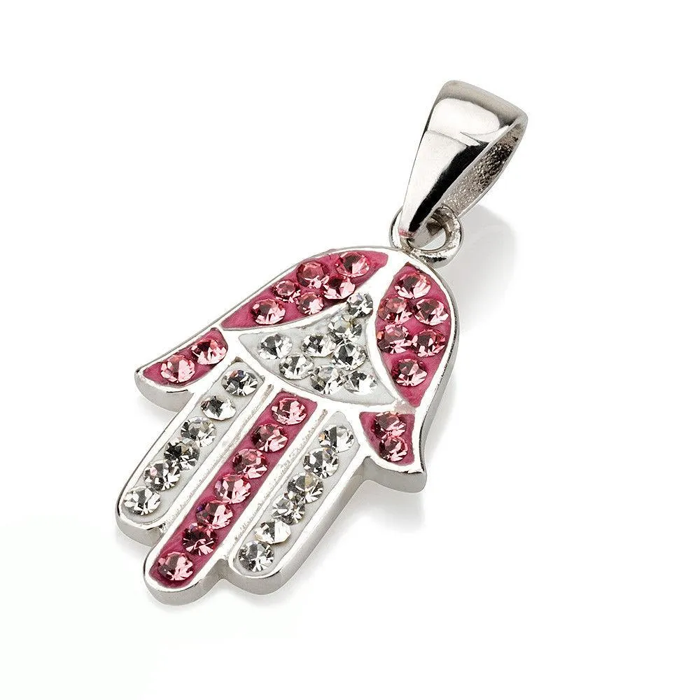 Hamsa Silver Pendant White and Pink Gemstones   925 Sterling Silver Chain #39