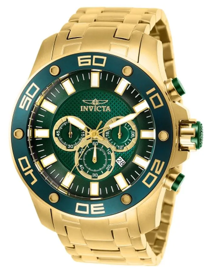 INVICTA Pro Diver Mens Watch - Gold-Tone - Chronograph - Bracelet - Green Dial