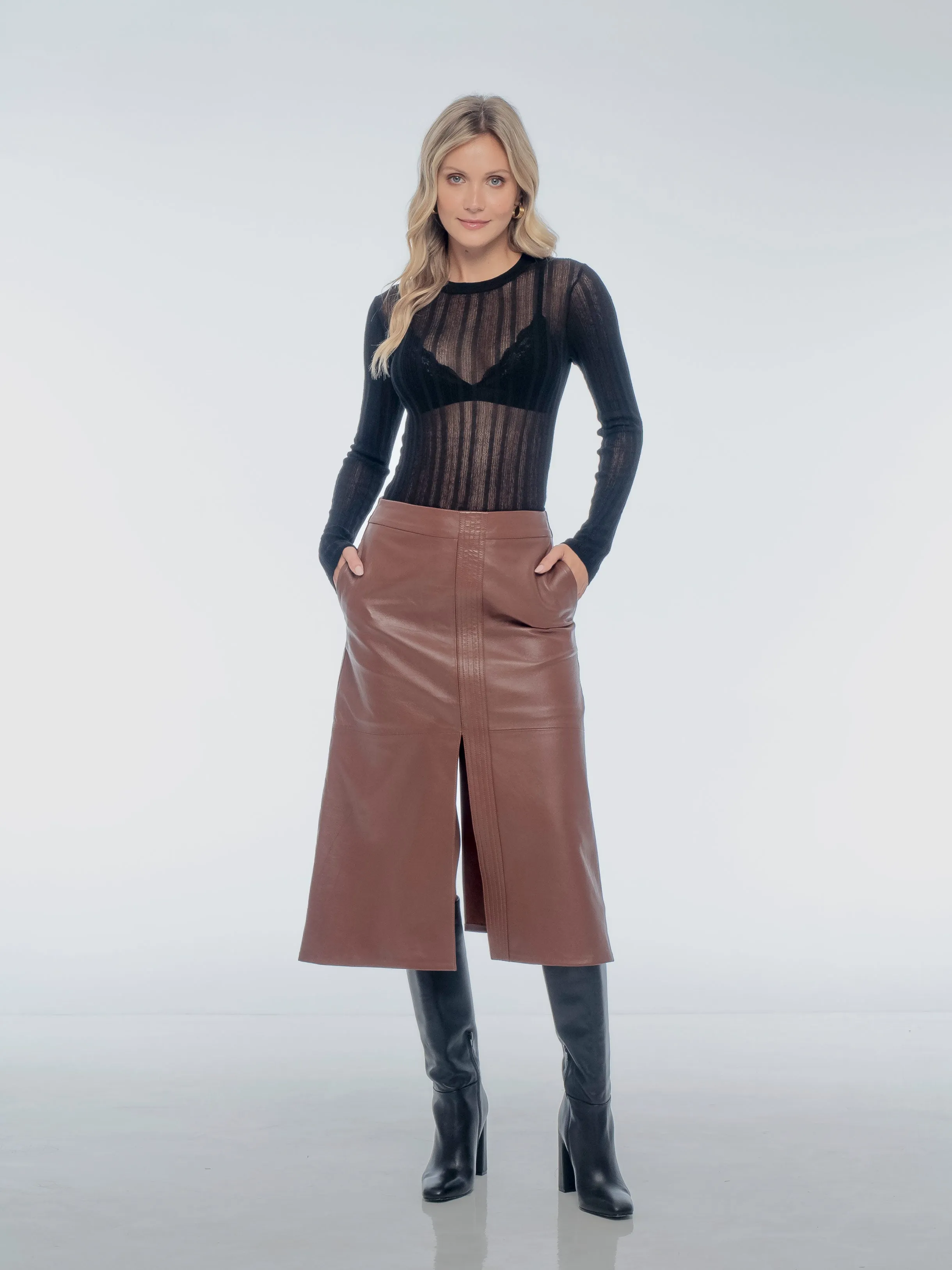 ISABELLA MIDI LEATHER SKIRT - WHISKEY