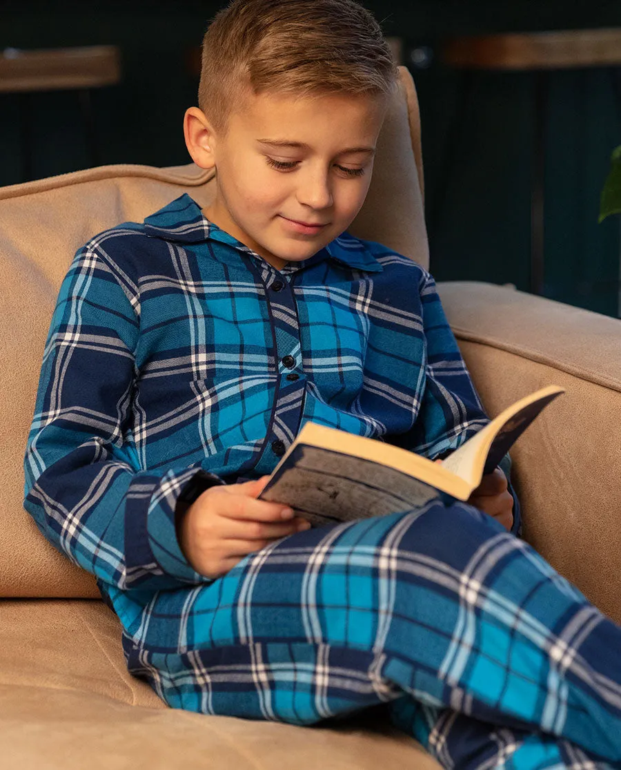 Kids Unisex Dark Blue Brushed Blue Check Pyjama Set