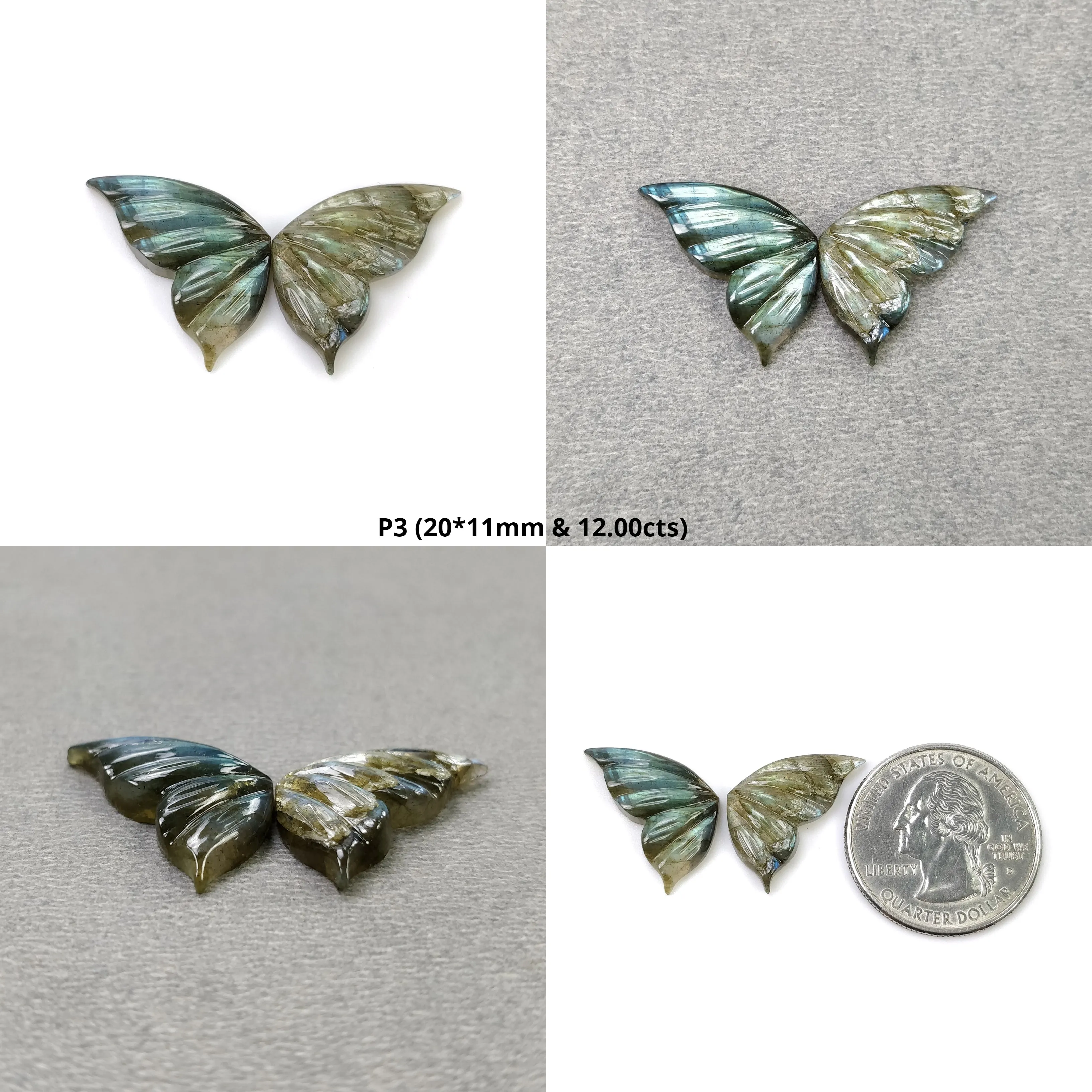 LABRADORITE Gemstone Carving : Natural Untreated Unheated Labradorite Hand Carved Butterfly Pair (With Video)