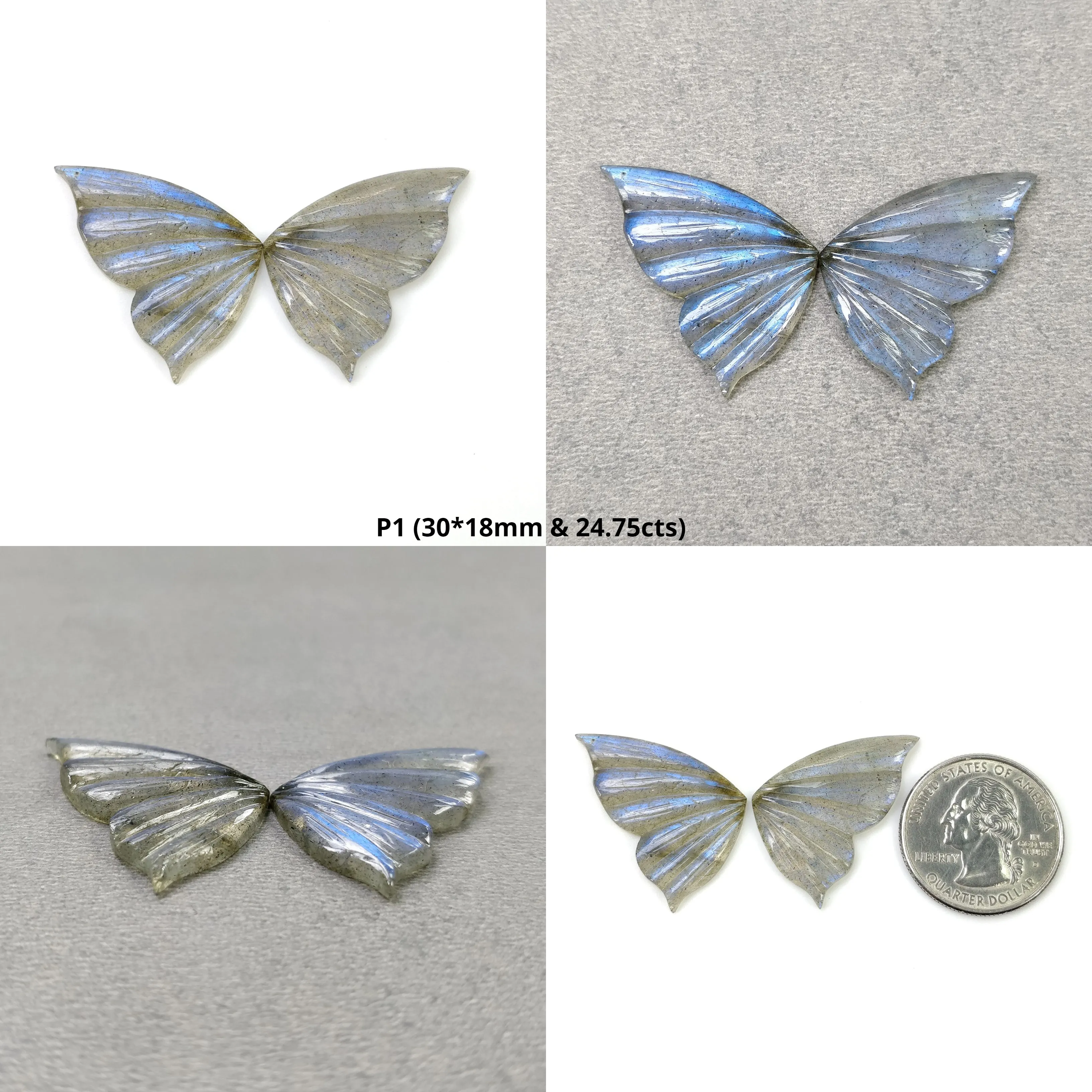 LABRADORITE Gemstone Carving : Natural Untreated Unheated Labradorite Hand Carved Butterfly Pair (With Video)