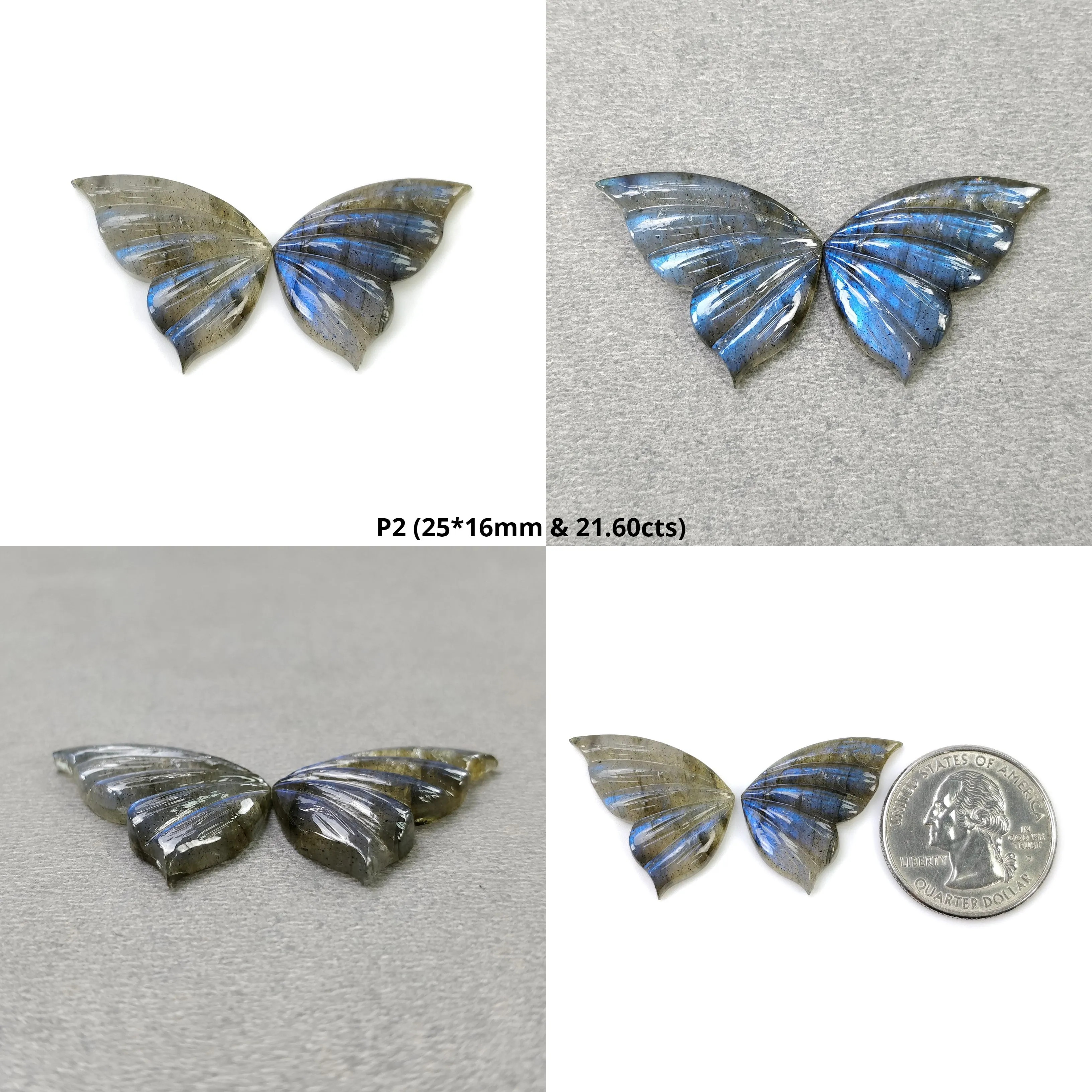 LABRADORITE Gemstone Carving : Natural Untreated Unheated Labradorite Hand Carved Butterfly Pair (With Video)