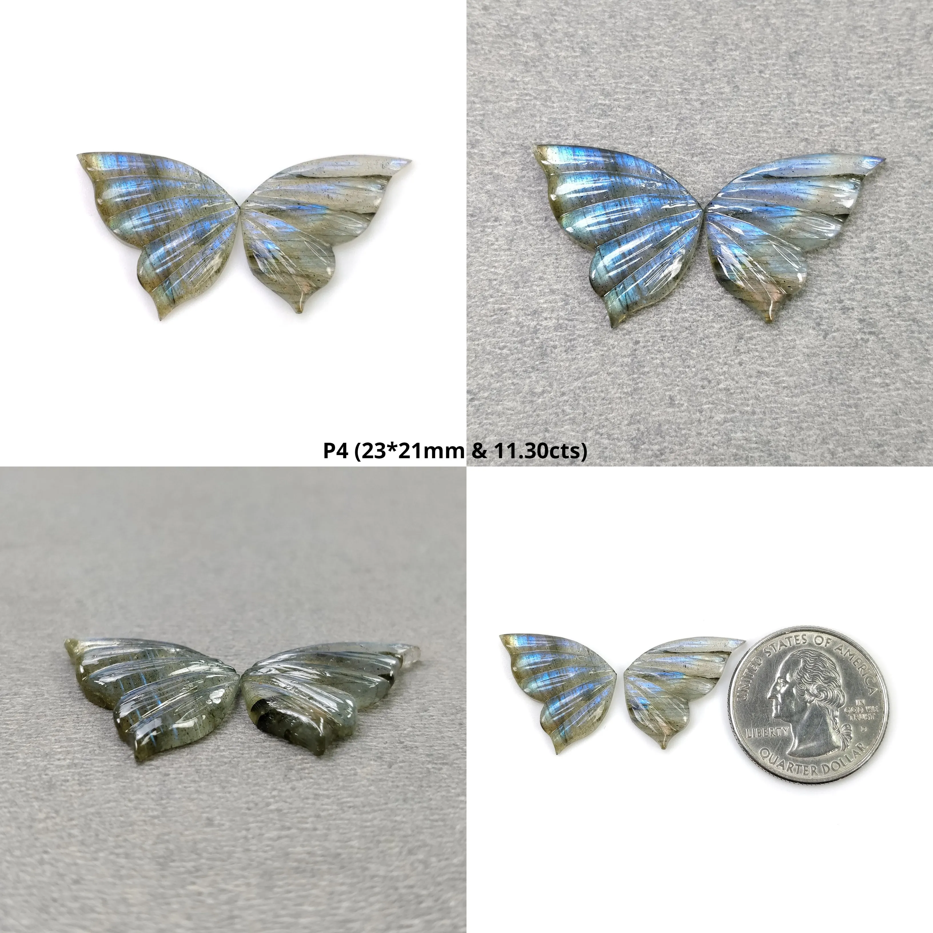 LABRADORITE Gemstone Carving : Natural Untreated Unheated Labradorite Hand Carved Butterfly Pair (With Video)