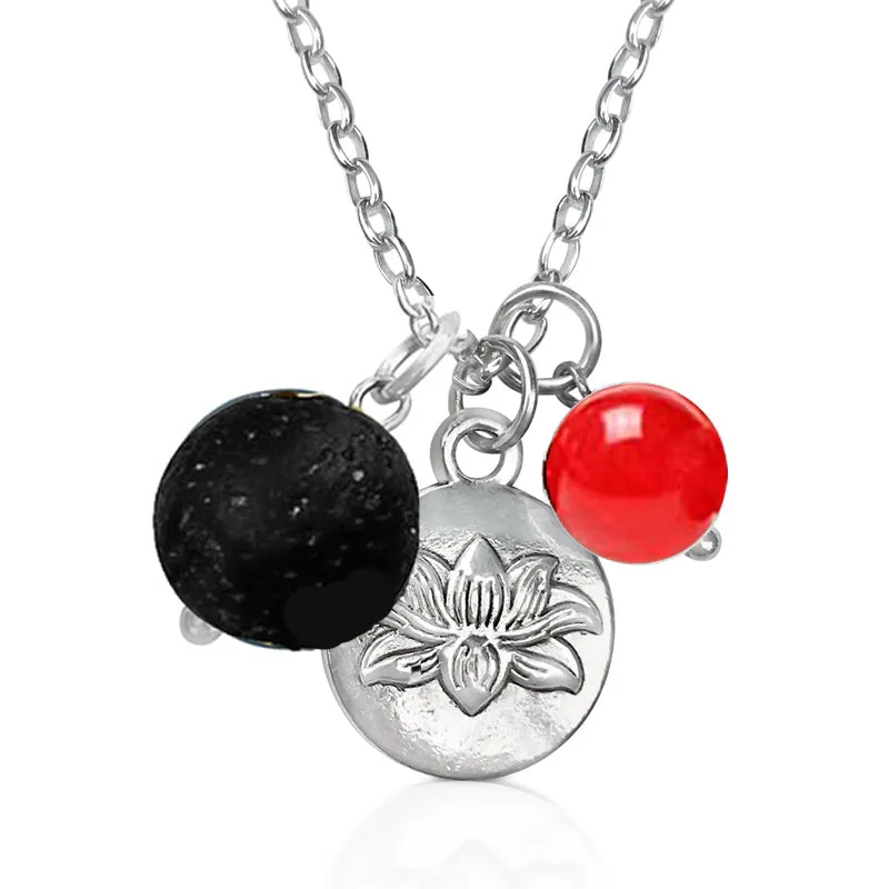 Lotus Charm Necklace with Lava Stone and Red Jade for Life-Force