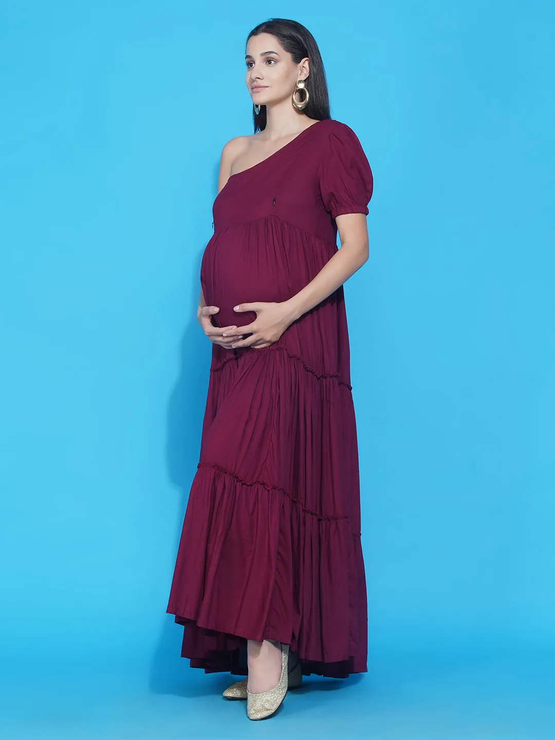 Maternity Solid Wine Color Maxi Baby Shower Dress