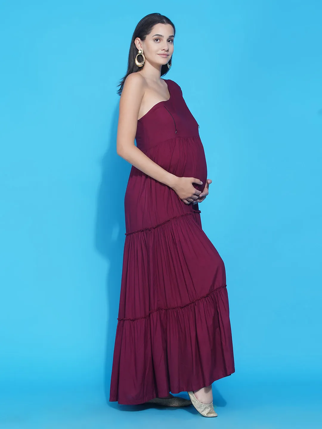 Maternity Solid Wine Color Maxi Baby Shower Dress