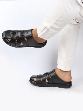 Men Black Genuine Leather Criss Cross Strap Back Open Slip On Closed Toe Dress Sandals