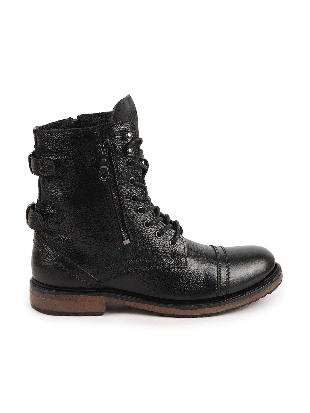 Men Black High Ankle Genuine Leather Hook and 7-Eye Lace Up Side Zipper Adjustable Buckle Strap Cap Toe Anti Skid Sole Flat Boots