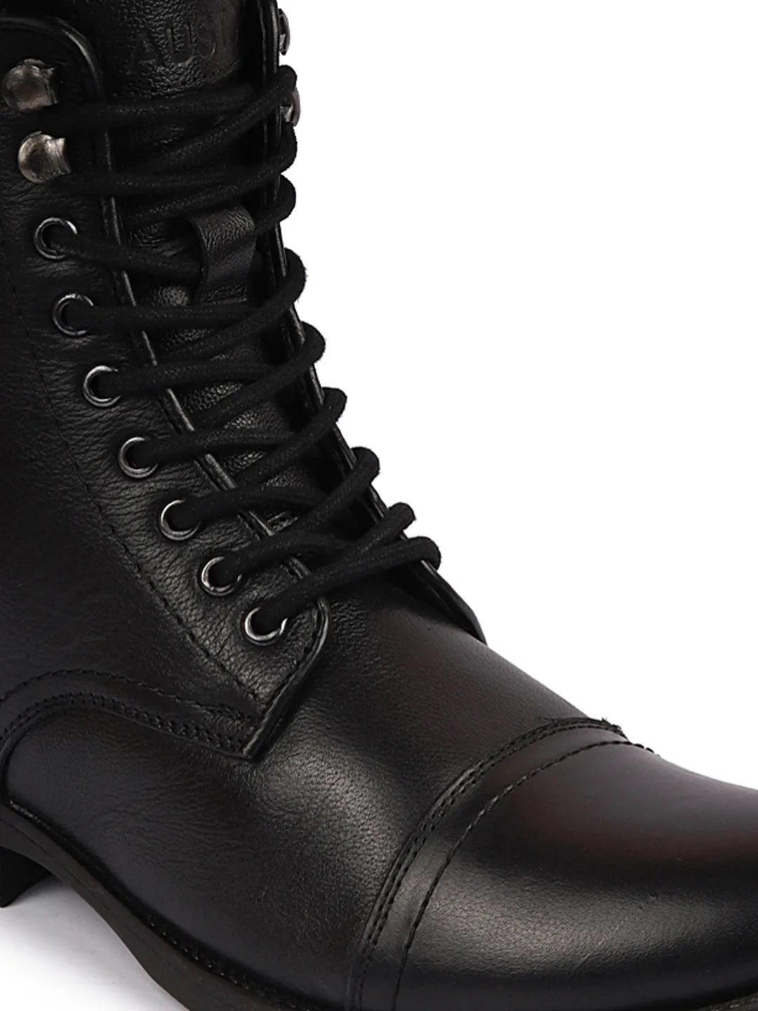 Men Black High Top Genuine Leather Hook and 7-Eye Lace Up Side Zipper Cap Toe Classic Flat Boots