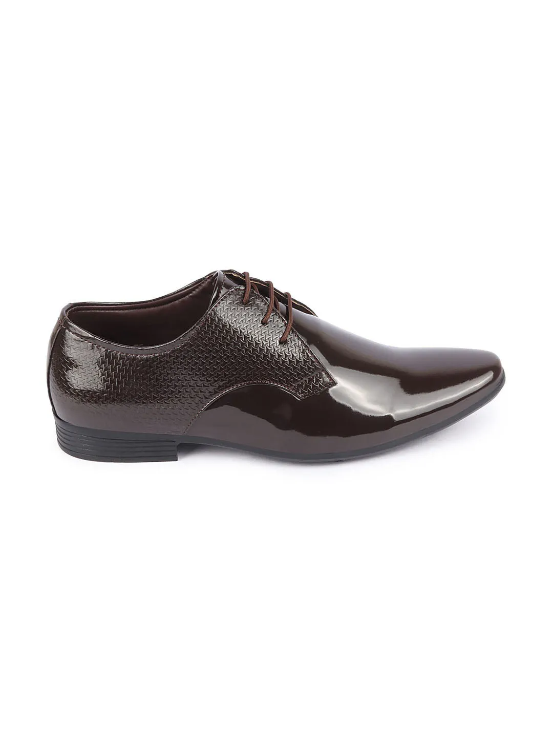 Men Brown Patent Leather Shine Textured Print Pointed Toe Party Wedding Lace Up Derby Shoes