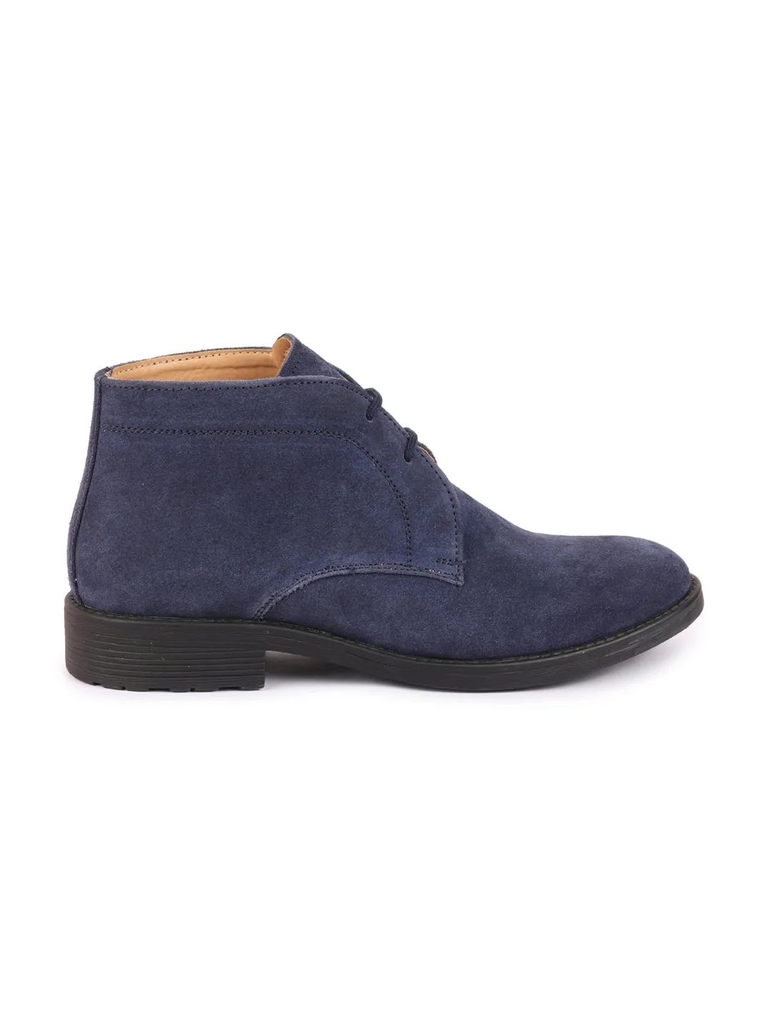 Men Navy Blue Suede Leather High Ankle Lace Up Chukka Boots