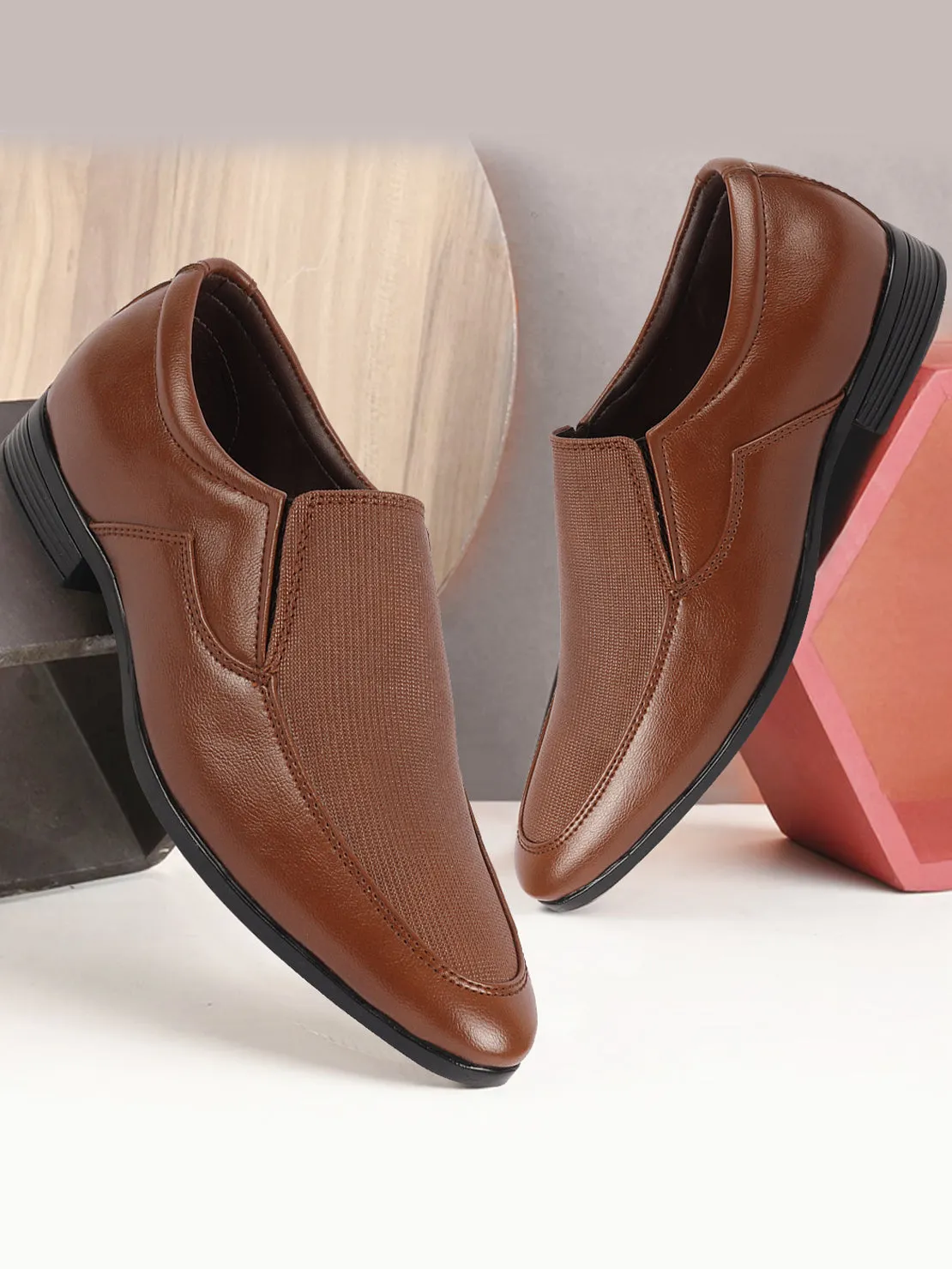 Men Tan Formal Office Meeting Textured Slip On Shoes