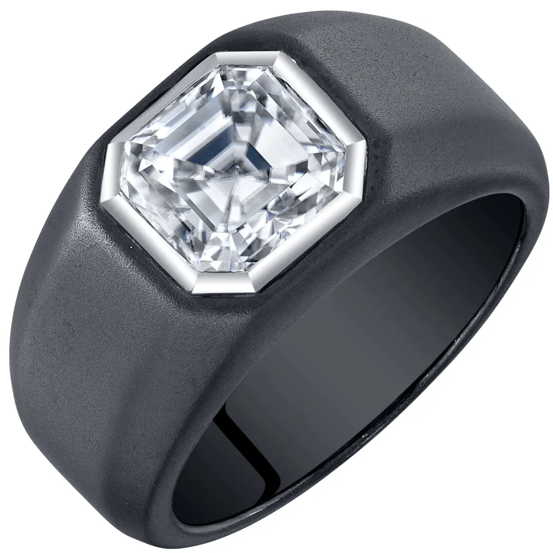 Men's Moissanite Black Signet Ring Sterling Silver Asscher Cut 3 Carats Size 8.5