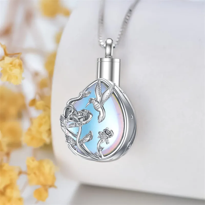 Moonstone Hummingbird Urn Necklace For Ashes Sterling Silver Cremation Jewelry Memorial Keepsake Jewelry Gift For Women