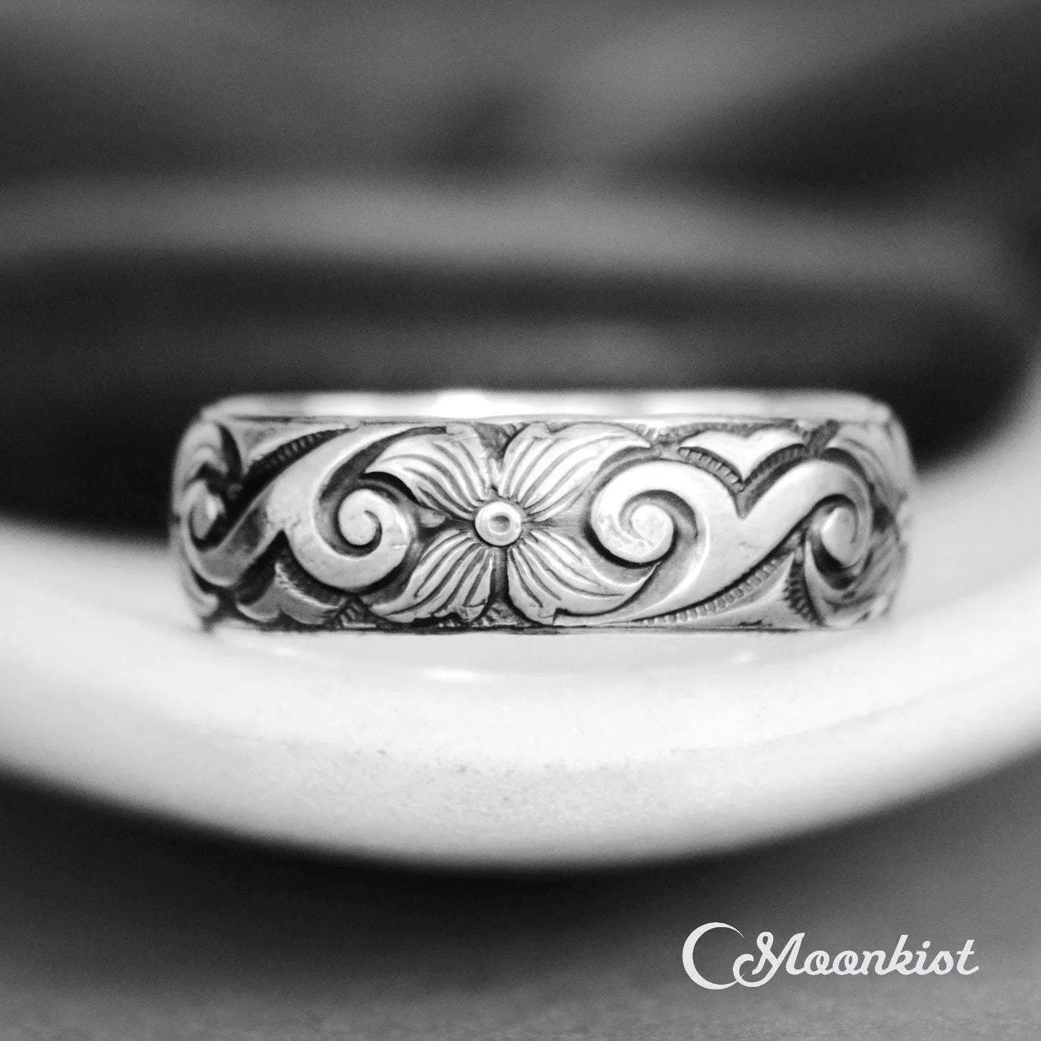 Nature Inspired Silver Wide Botanical Wedding Ring | Moonkist Designs