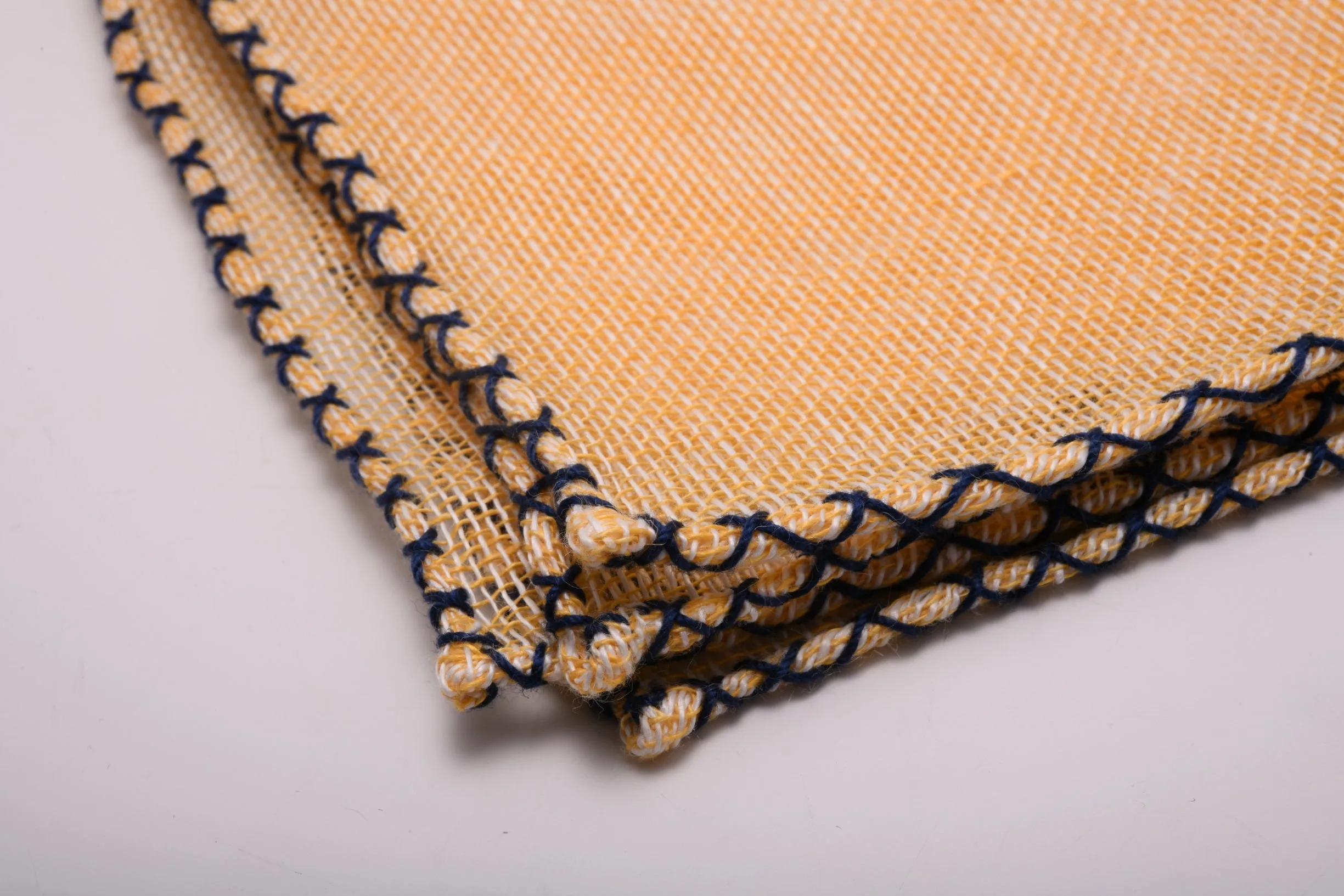 Navy Blue X-Stitch Edge Yellow Linen Pocket Square